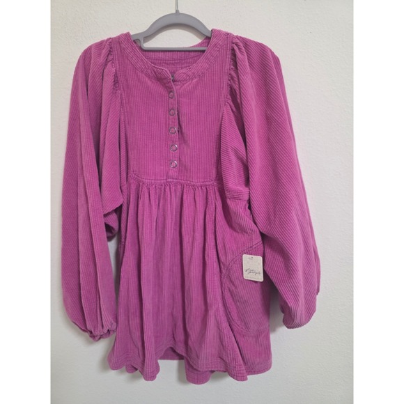 Free People Tops - Free‎ People Violet Corduroy Button Up Puff Sleeve Babydoll Tunic Top XS